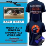 2026 Zach Bryan x Denver Broncos Event T-Shirt - main promotional image showing concert details and two shirt