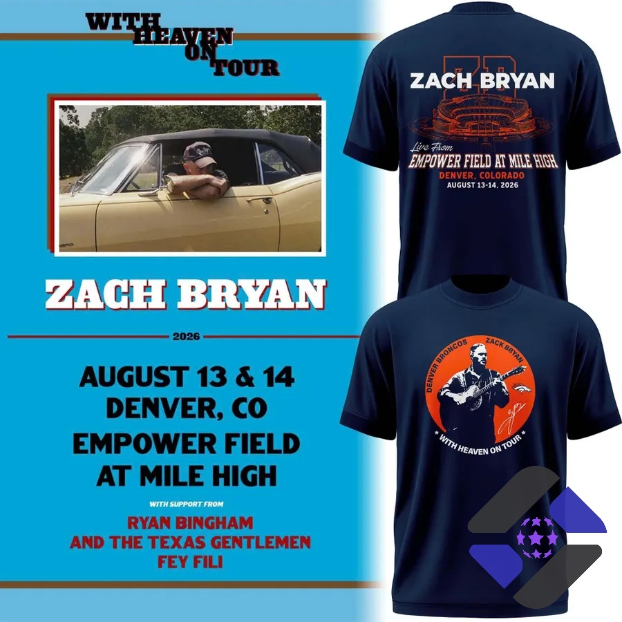 2026 Zach Bryan x Denver Broncos Event T-Shirt - main promotional image showing concert details and two shirt