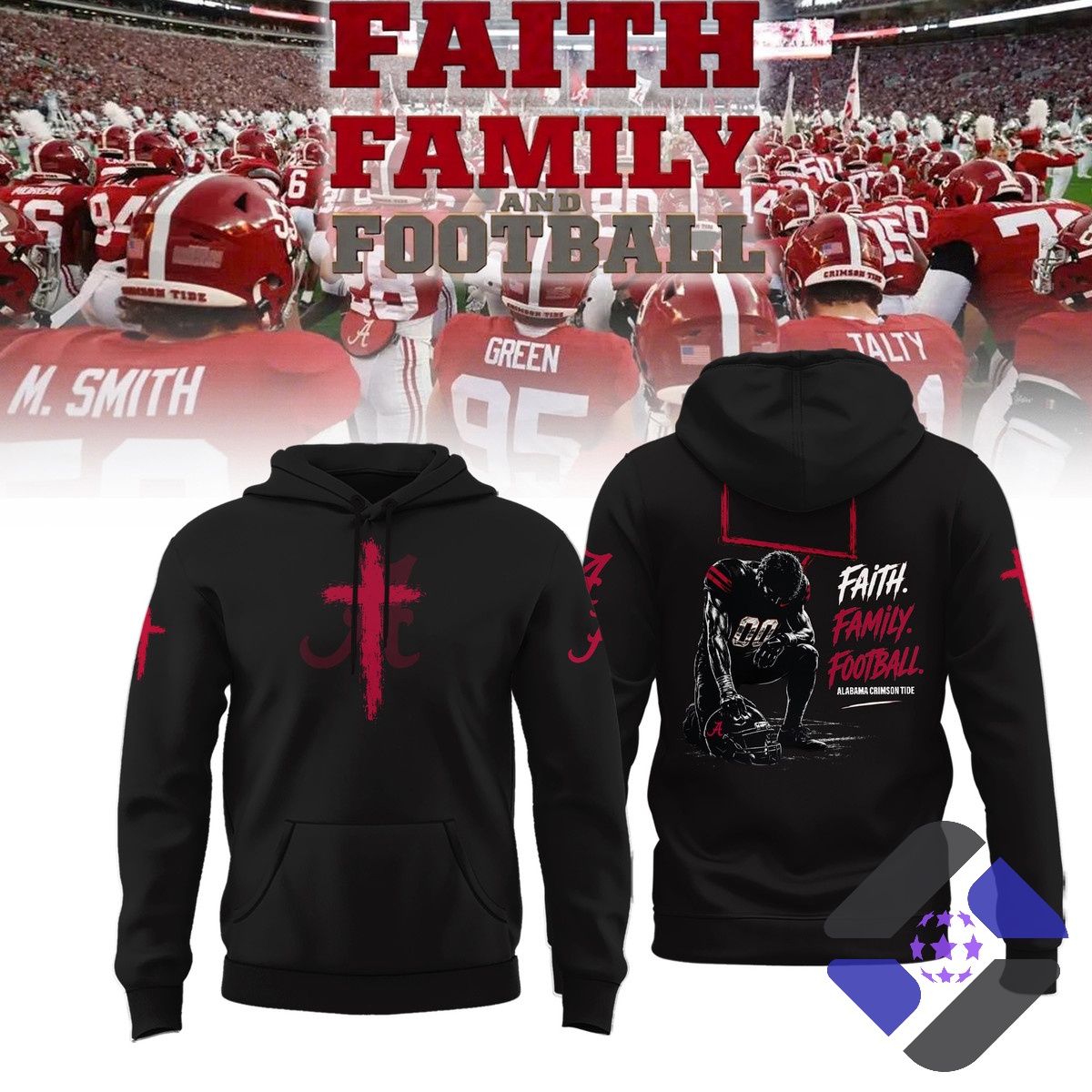 Alabama Crimson Tide Faith Family Football Hoodie - front and back display