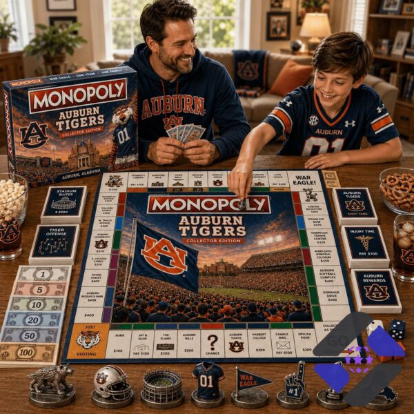 Auburn Tigers 2026 Monopoly Board Game - box, game board corner, and stacked cards