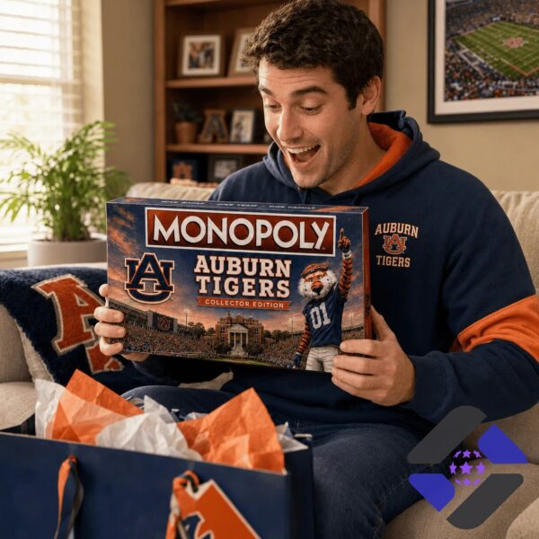 Auburn Tigers 2026 Monopoly Board Game - box art with mascot and stadium model