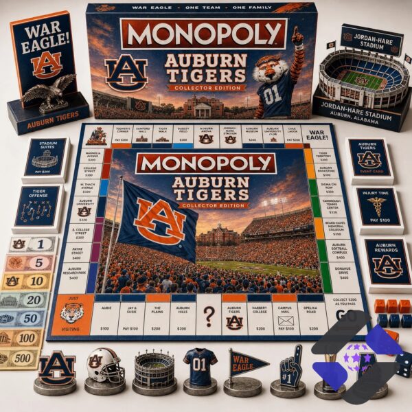 Auburn Tigers 2026 Monopoly Board Game - full set with box and pieces displayed