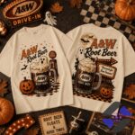 A&W Root Beer Brewed for Boo Season Halloween T-Shirt - two t-shirts displayed with Halloween decor