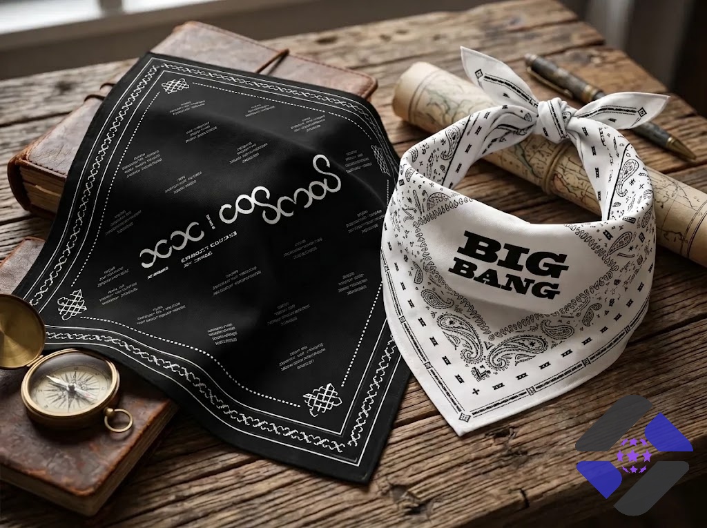 Big Bang World Tour In Goyang 2026 Paisley Bandana - close-up of black face covering with stylized white text