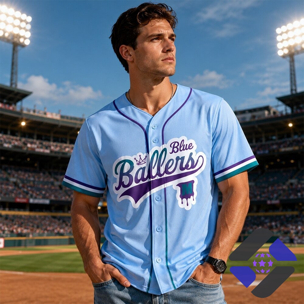 Blue Ballers 2026 Cancer Awareness Baseball Jersey - close-up of chest logo and left sleeve