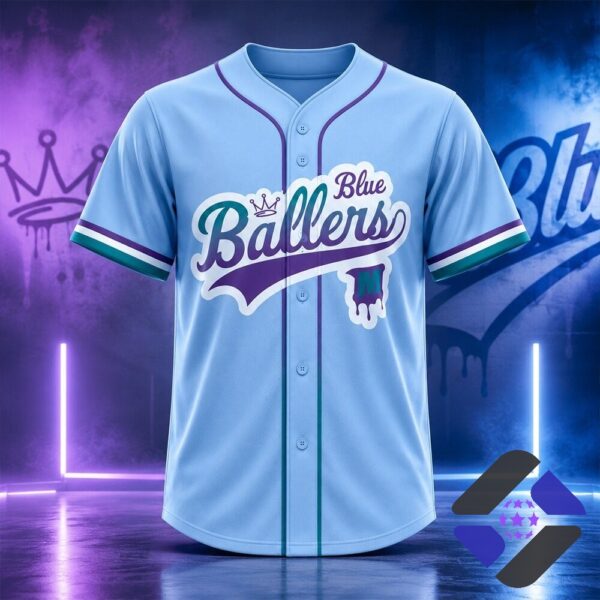 Blue Ballers 2026 Cancer Awareness Baseball Jersey - close-up of chest logo and right sleeve