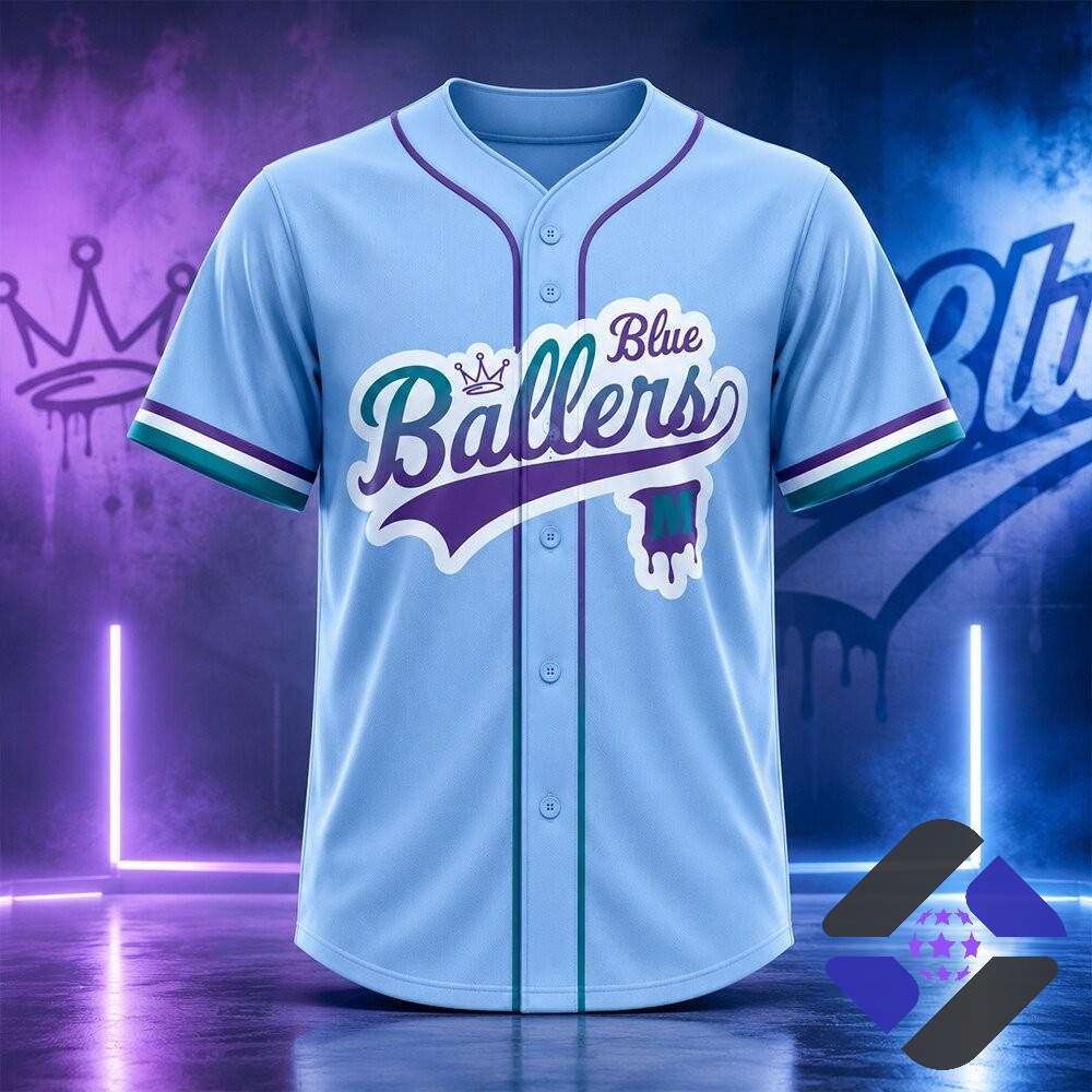 Blue Ballers 2026 Cancer Awareness Baseball Jersey - close-up of chest logo and right sleeve