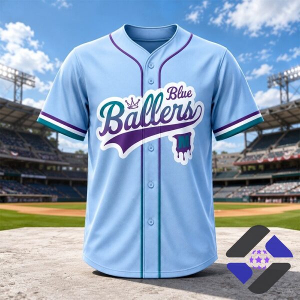 Blue Ballers 2026 Cancer Awareness Baseball Jersey - full front view on a baseball stadium background