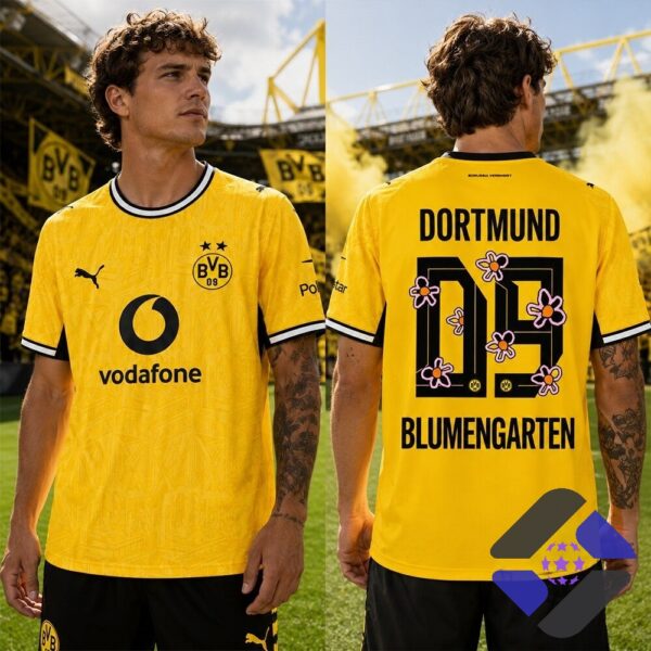Blumengarten Rayan Djima Borussia Dortmund Flower Jersey - detailed front with sponsor and club crest