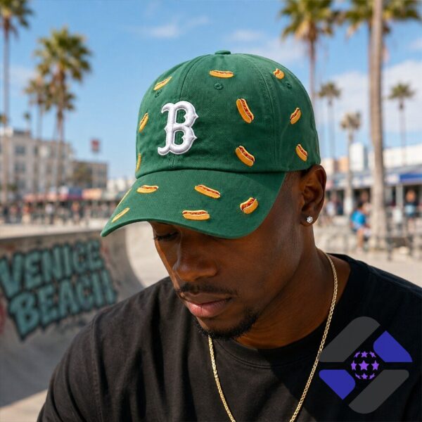 Boston Red Sox Hot Dog Pattern Cap - close-up front view with scoreboard background