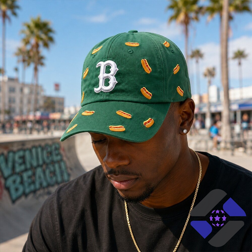 Boston Red Sox Hot Dog Pattern Cap - close-up front view with scoreboard background