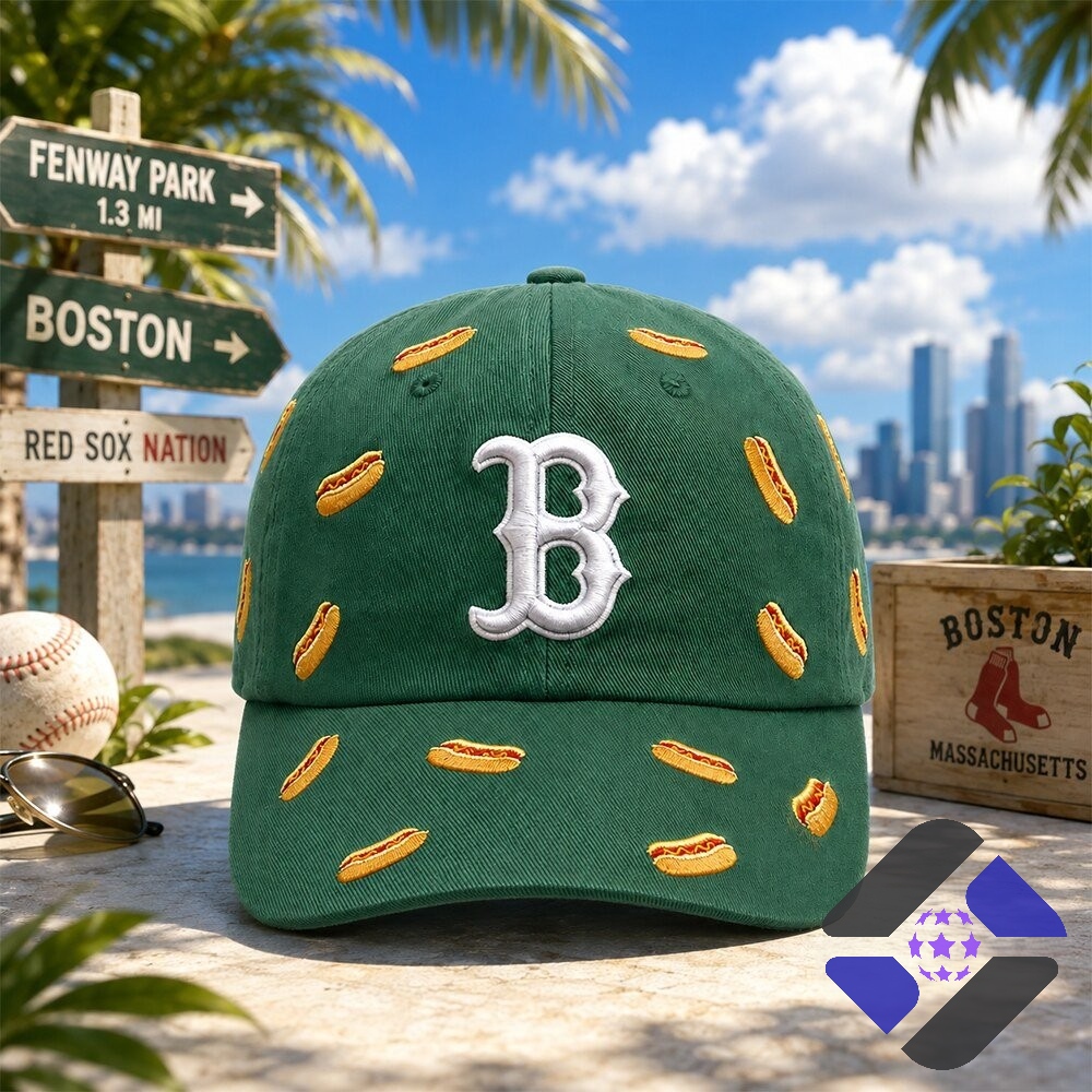 Boston Red Sox Hot Dog Pattern Cap - close-up front view with stadium lights