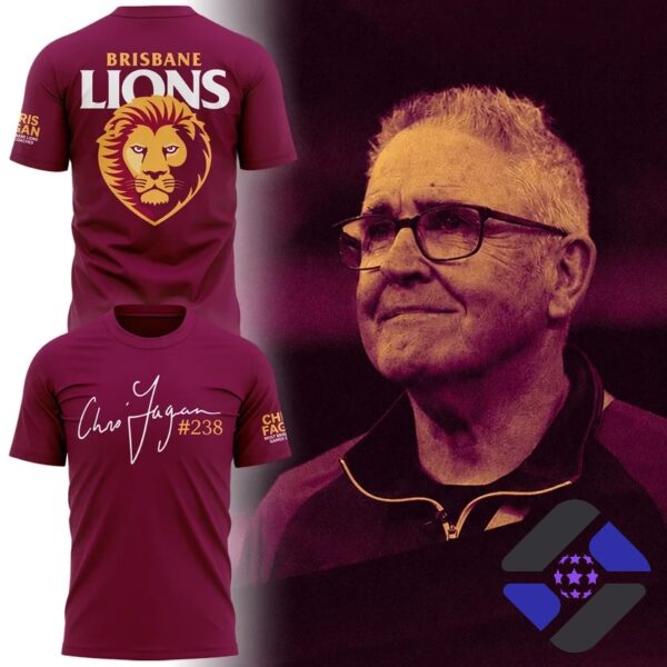 Brisbane Lions Chris Fagan Milestone #238 T-Shirt - two maroon shirts with team logo and player signature