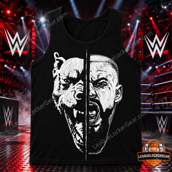 Close-up of Bron Breakker's split face wolf tank top design