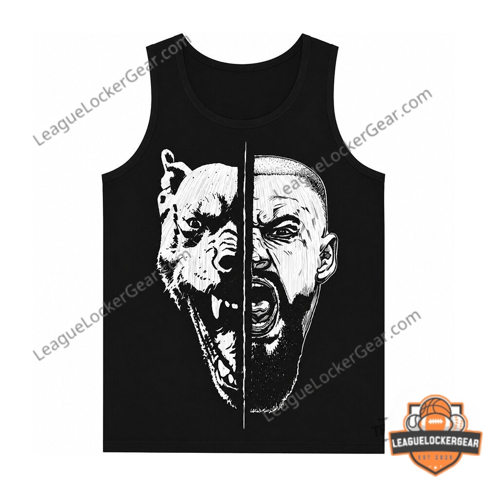 Detailed view of the black tank top mockup with the split face wolf graphic