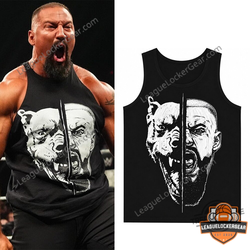 Bron Breakker Split Face Wolf Tank Top – Photo 1 Bron Breakker wearing a black split face wolf tank top, with product mockup