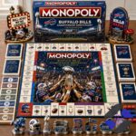 Buffalo Bills Championship Anniversary Monopoly Board Game - full set displayed on a wooden table