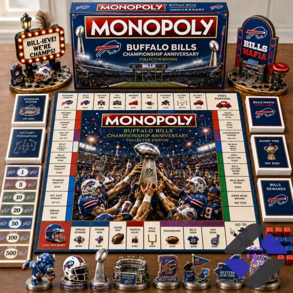 Buffalo Bills Championship Anniversary Monopoly Board Game - full set displayed on a wooden table