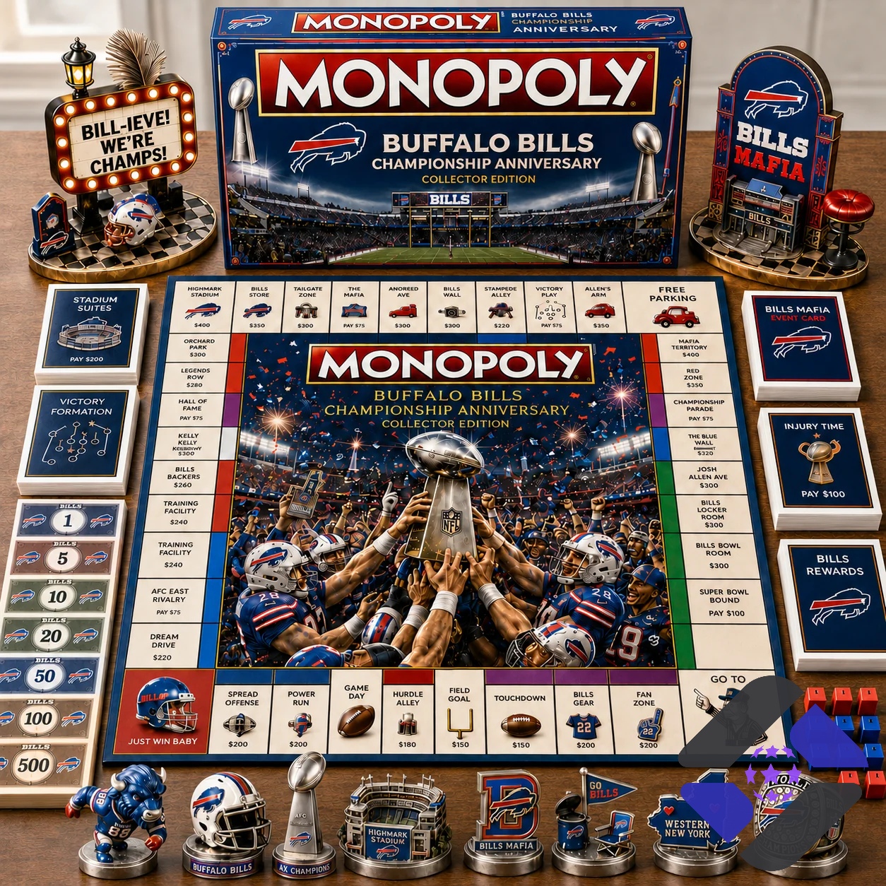 Buffalo Bills Championship Anniversary Monopoly Board Game – Full set displayed on a Buffalo Bills Championship Anniversary Monopoly Board Game - full set displayed on a wooden table