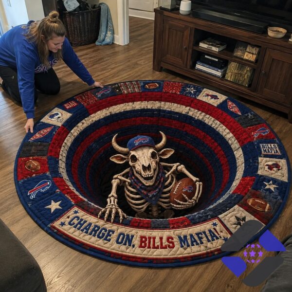 Buffalo Bills Halloween Bills Mafia Quilted Round Rug - close-up on skeleton and upper rug pattern