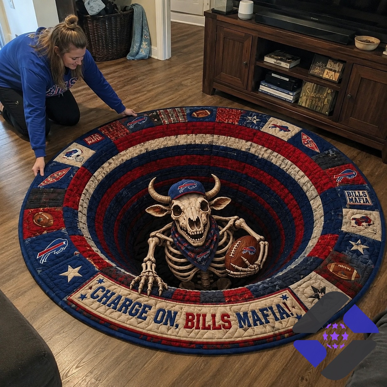 Buffalo Bills Halloween Bills Mafia Quilted Round Rug - close-up on skeleton and upper rug pattern