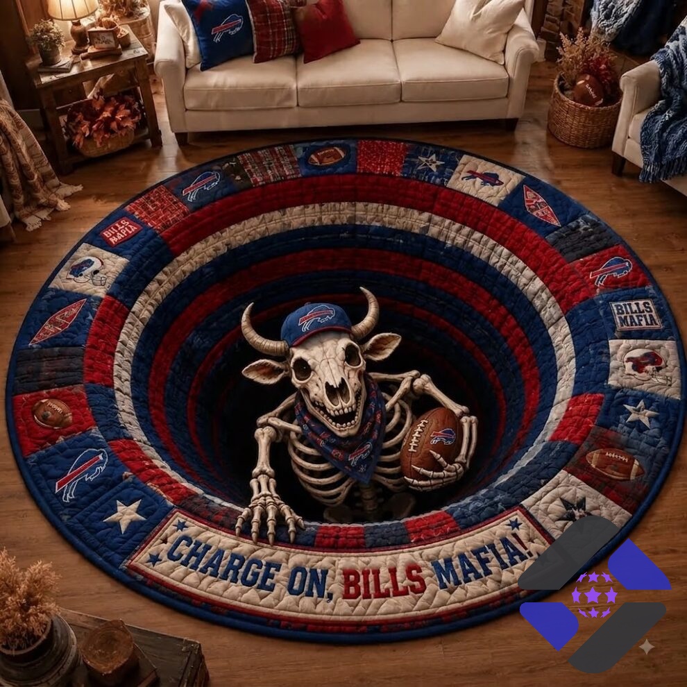 Buffalo Bills Halloween Bills Mafia Quilted Round Rug - full view in a living room setting