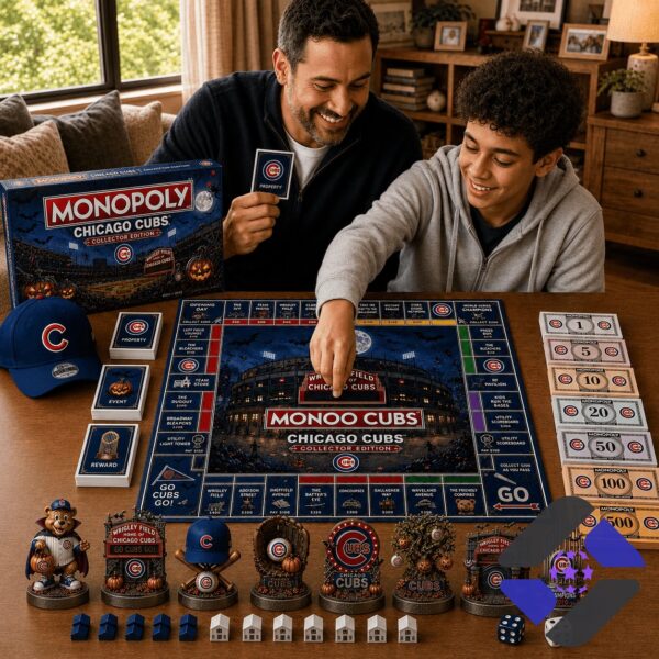 Chicago Cubs 2026 Monopoly Halloween Board Game - game box, cap, and money close-up