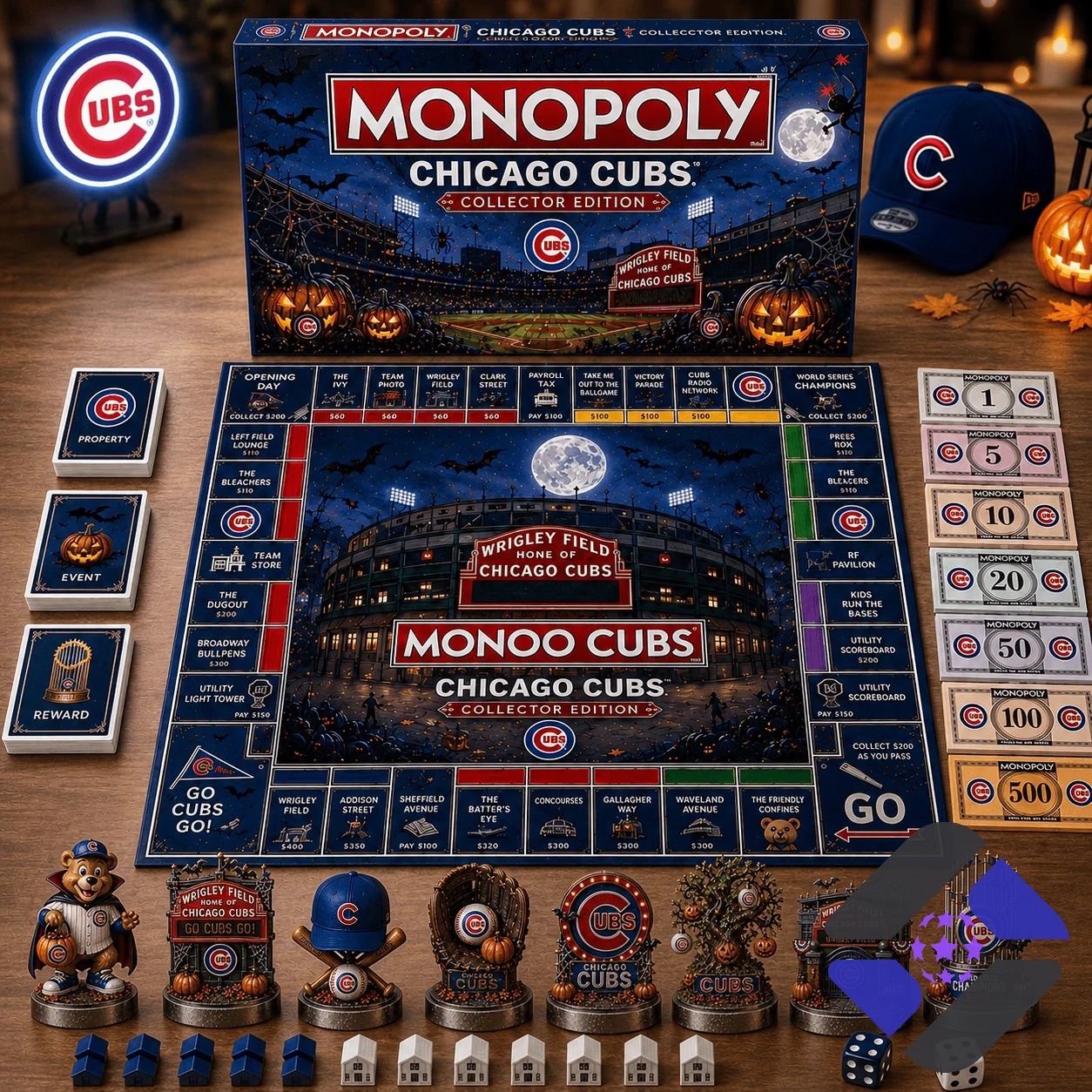 Chicago Cubs 2026 Monopoly Halloween Board Game - full set display