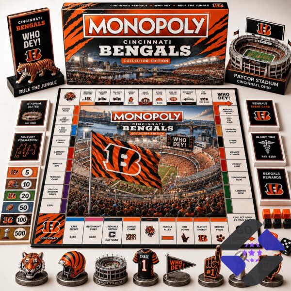 Cincinnati Bengals 2026 Monopoly Board Game - full game setup with box, board, cards, and tokens