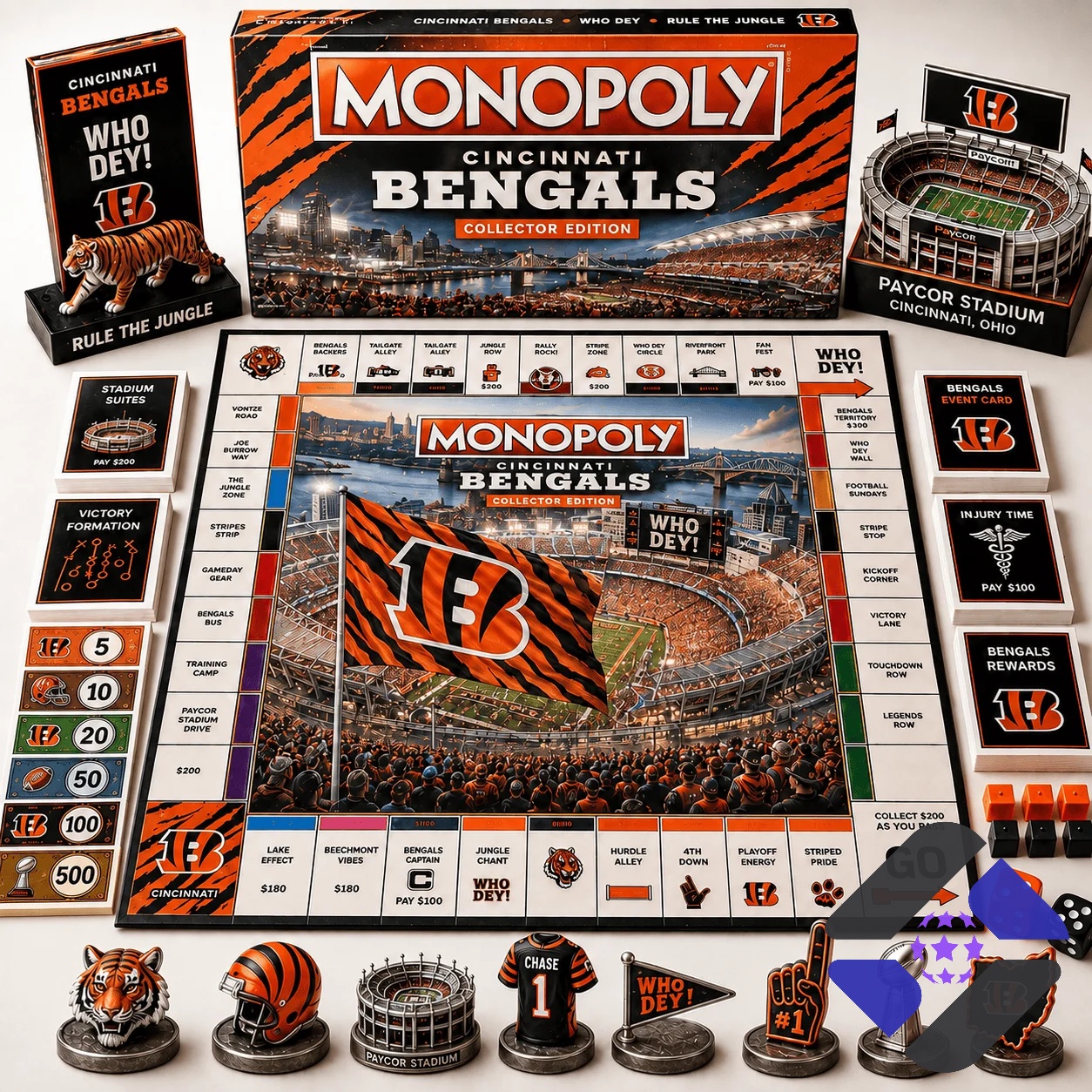 Cincinnati Bengals 2026 Monopoly Board Game - full game setup with box, board, cards, and tokens