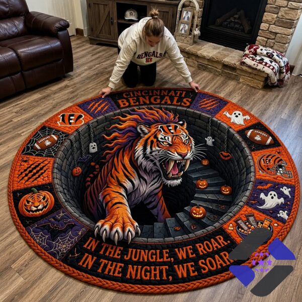 Cincinnati Bengals Halloween Quilted Round Rug - close-up of the top left section