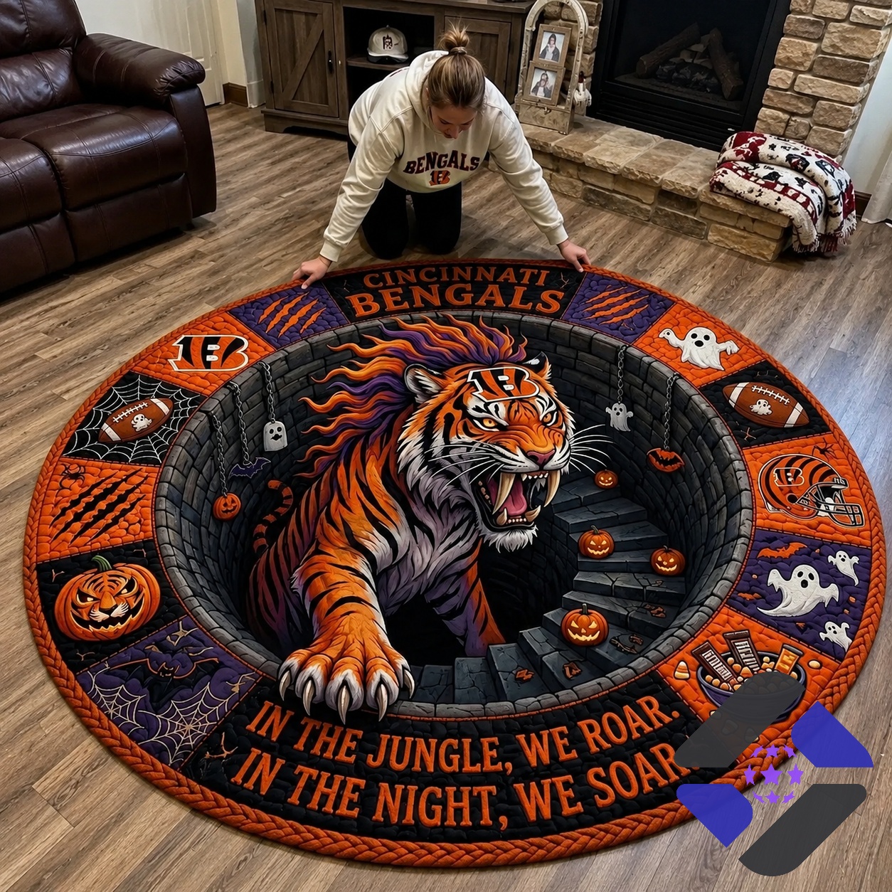 Cincinnati Bengals Halloween Quilted Round Rug - close-up of the top left section