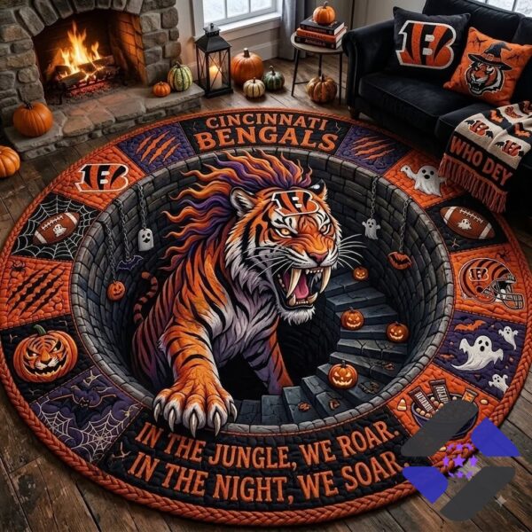 Cincinnati Bengals Halloween Quilted Round Rug - full view in a living room setting