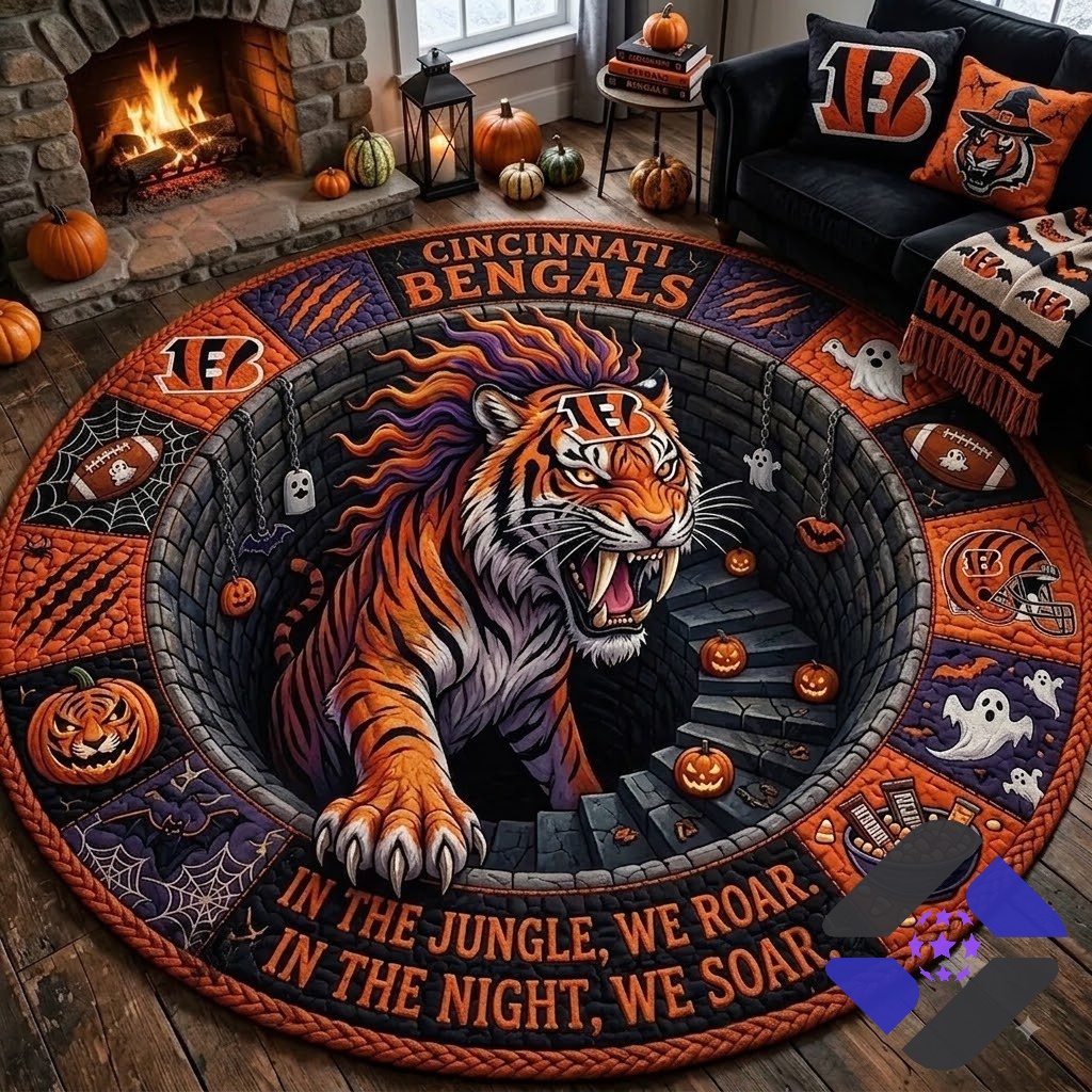 Cincinnati Bengals Halloween Quilted Round Rug - full view in a living room setting