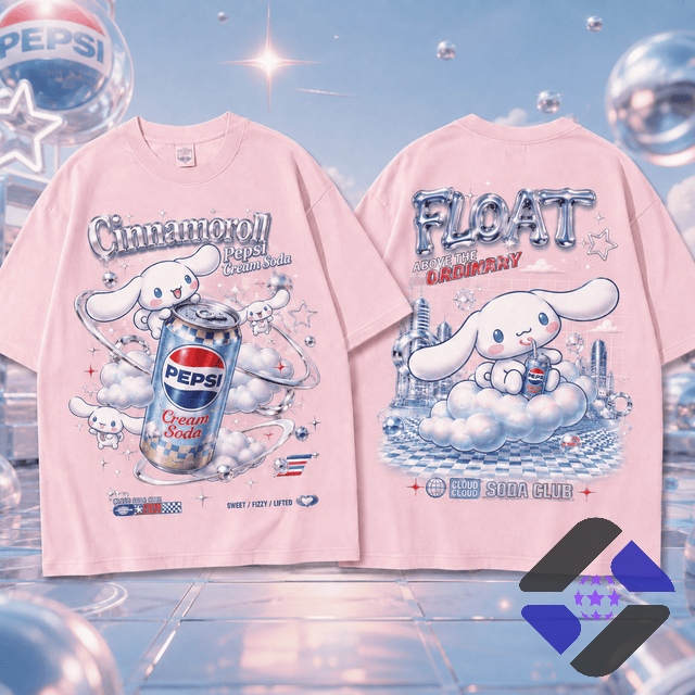 Cinnamoroll Pepsi Cream Soda Float Cloud Club T-Shirt - close-up front design
