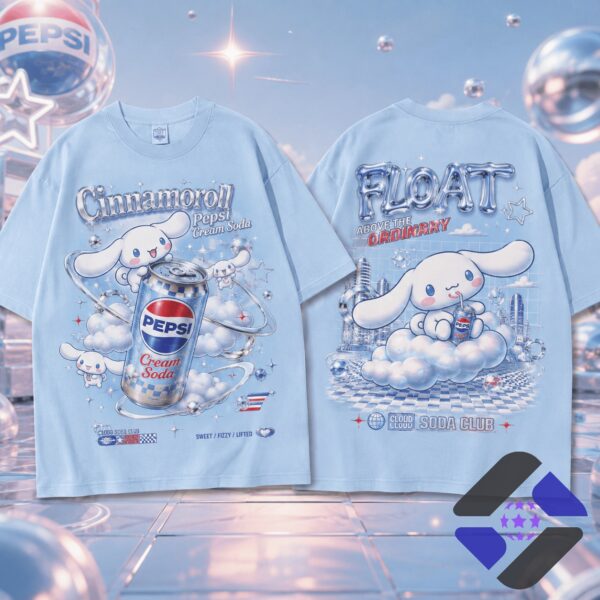 Cinnamoroll Pepsi Cream Soda Float Cloud Club T-Shirt - bottom front design details