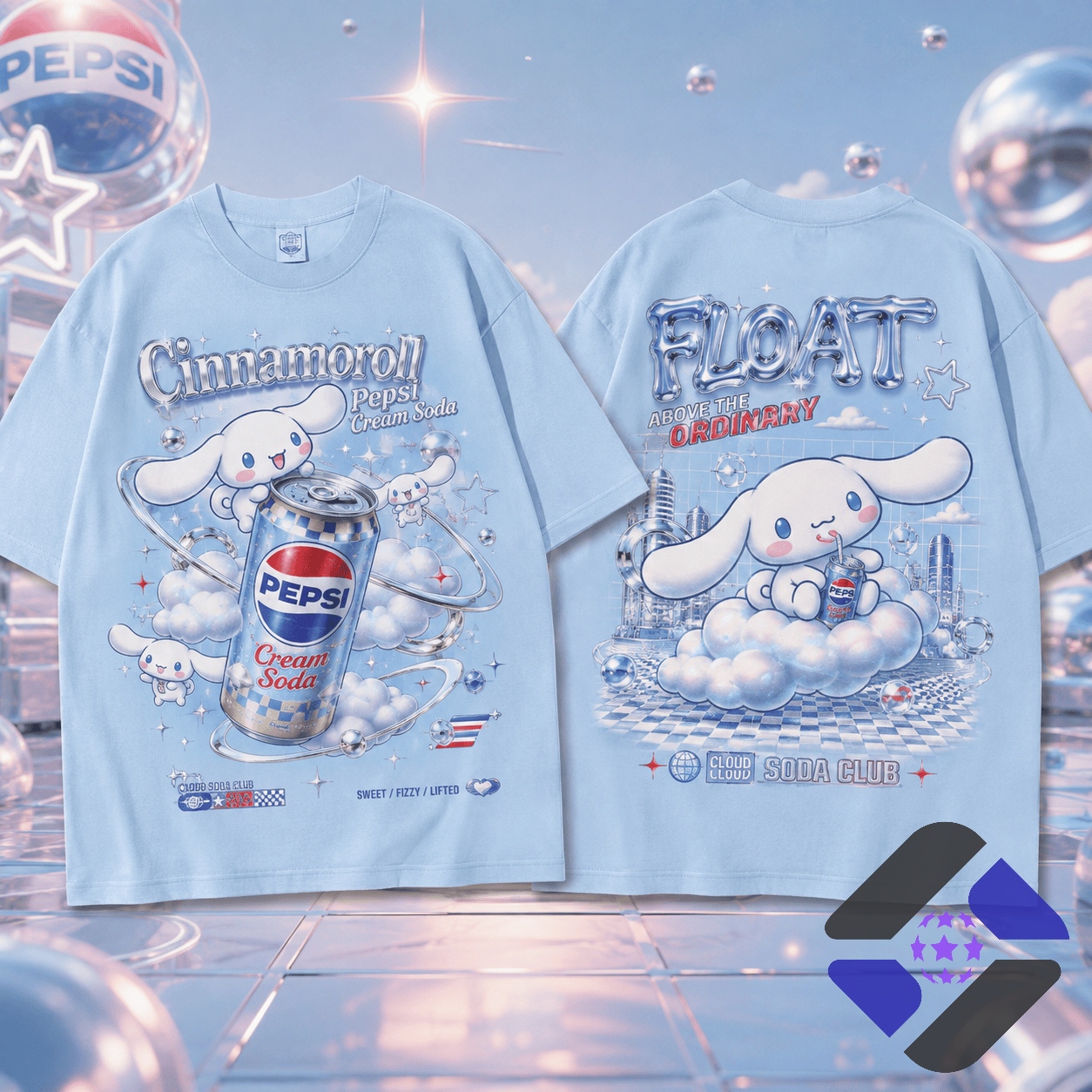 Cinnamoroll Pepsi Cream Soda Float Cloud Club T-Shirt - bottom front design details