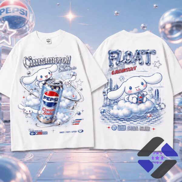 Cinnamoroll Pepsi Cream Soda Float Cloud Club T-Shirt - full front and back view