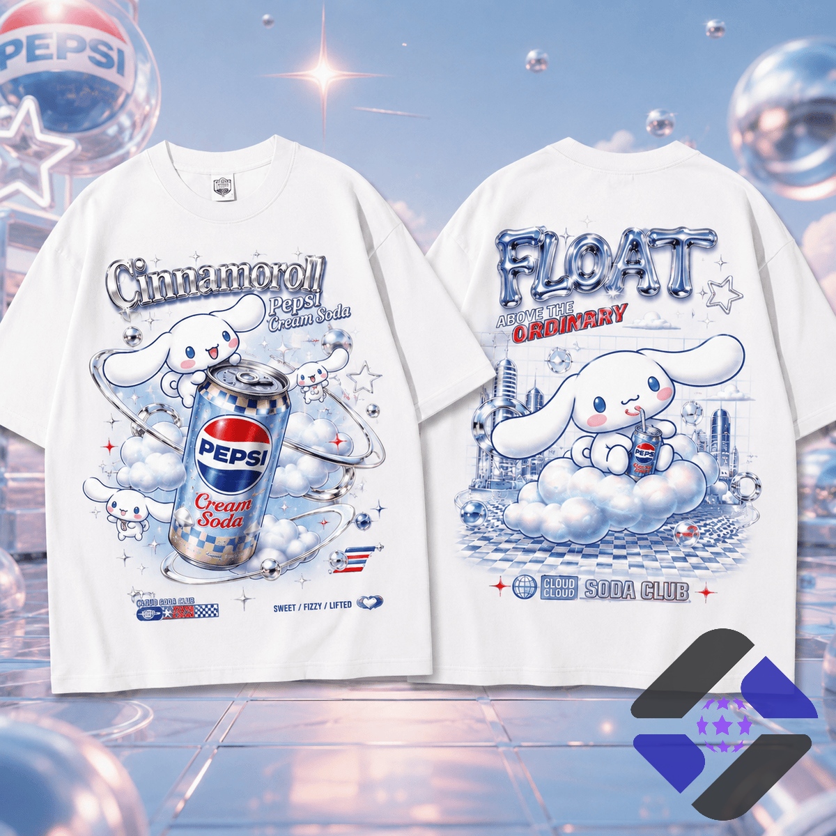 Cinnamoroll Pepsi Cream Soda Float Cloud Club T-Shirt – Full front and back view Cinnamoroll Pepsi Cream Soda Float Cloud Club T-Shirt - full front and back view