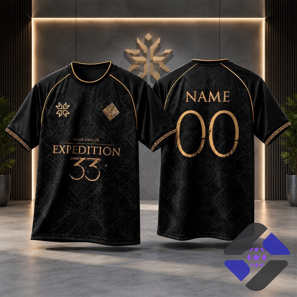 Clair Obscur Expedition 33 Jersey Shirt – Front and back view Clair Obscur Expedition 33 Jersey Shirt - front and back view