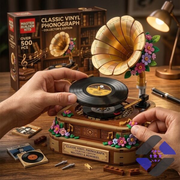 Classic Vinyl Phonograph Collector's Edition Melodies & Memories Building Block Brick Set - close-up of
