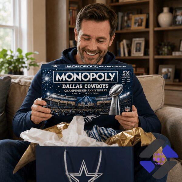 Dallas Cowboys Championship Anniversary Monopoly Board Game - box and money close-up