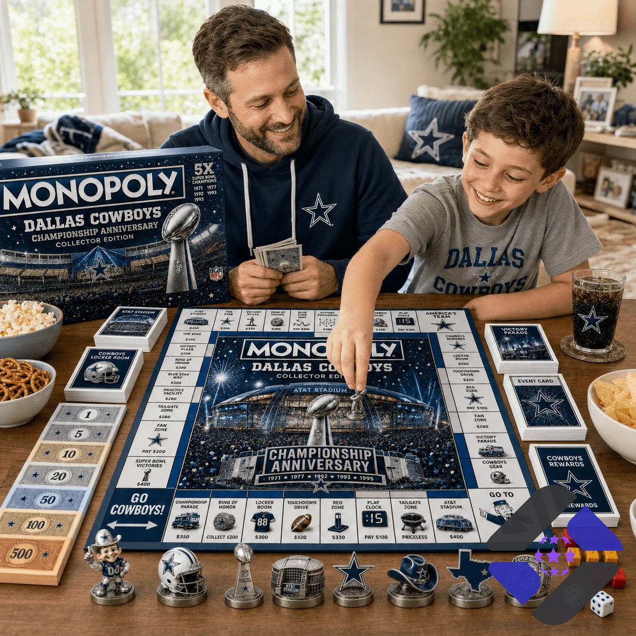 Dallas Cowboys Championship Anniversary Monopoly Board Game - box and card close-up