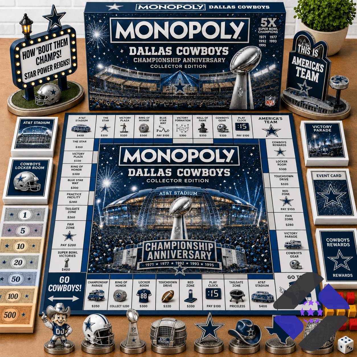 Dallas Cowboys Championship Anniversary Monopoly Board Game - full set view