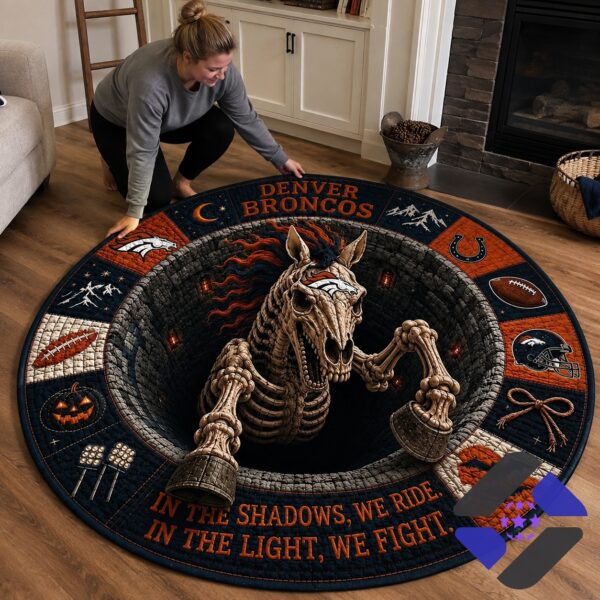 Denver Broncos Halloween Skeletal Horse Quilted Round Rug - close-up of skeletal horse and upper left details
