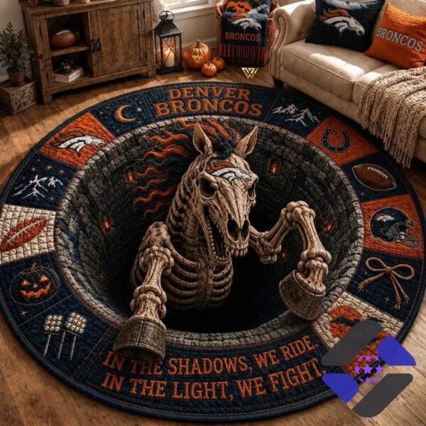 Denver Broncos Halloween Skeletal Horse Quilted Round Rug - full view in a living room setting