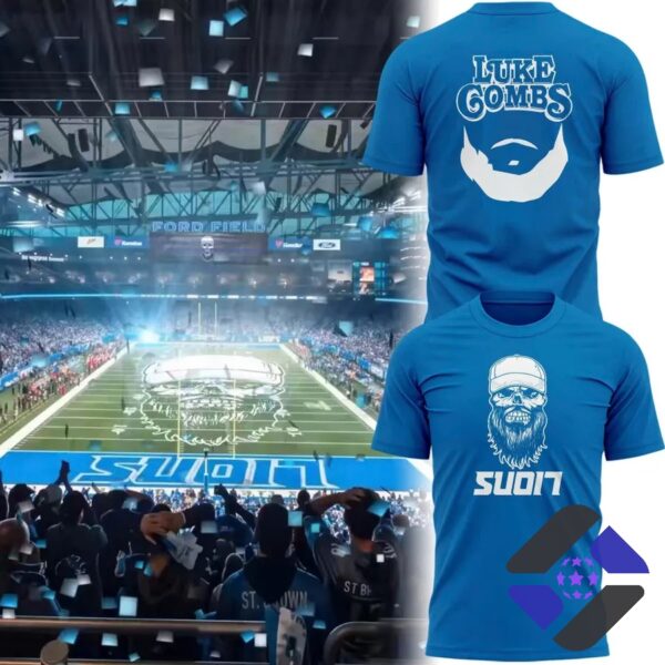 Detroit Lions Luke Combs Skull Beard T-Shirt - two designs displayed over stadium background