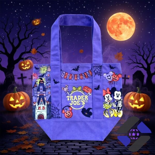 Disney Trader Joe's Halloween Mini Canvas Tote Bag - close-up of the left castle and fireworks