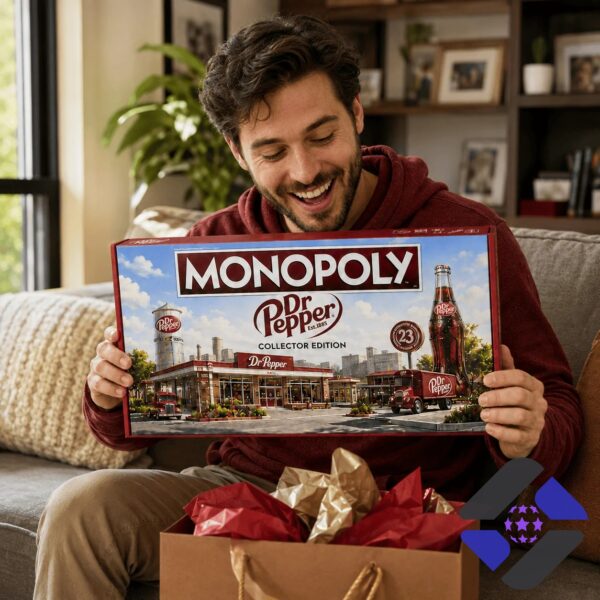 Dr. Pepper 2026 Monopoly Board Game - game cards and Dr. Pepper six-pack