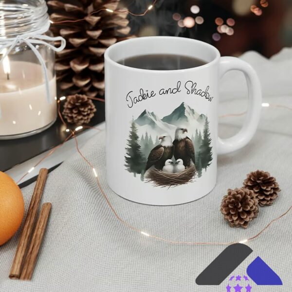 Eagles Family Jackie and Shadow Mountain Nest Mug - close up of the top left corner